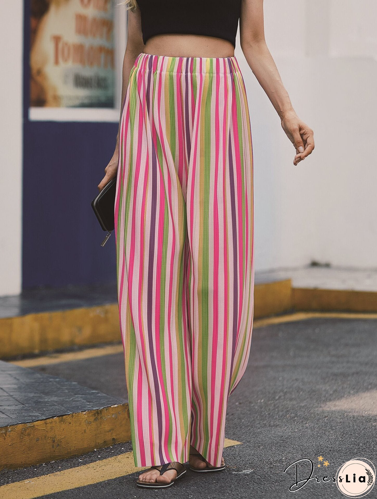 Pants colorful striped trousers loose high waist, slim, versatile slacks, wide legs