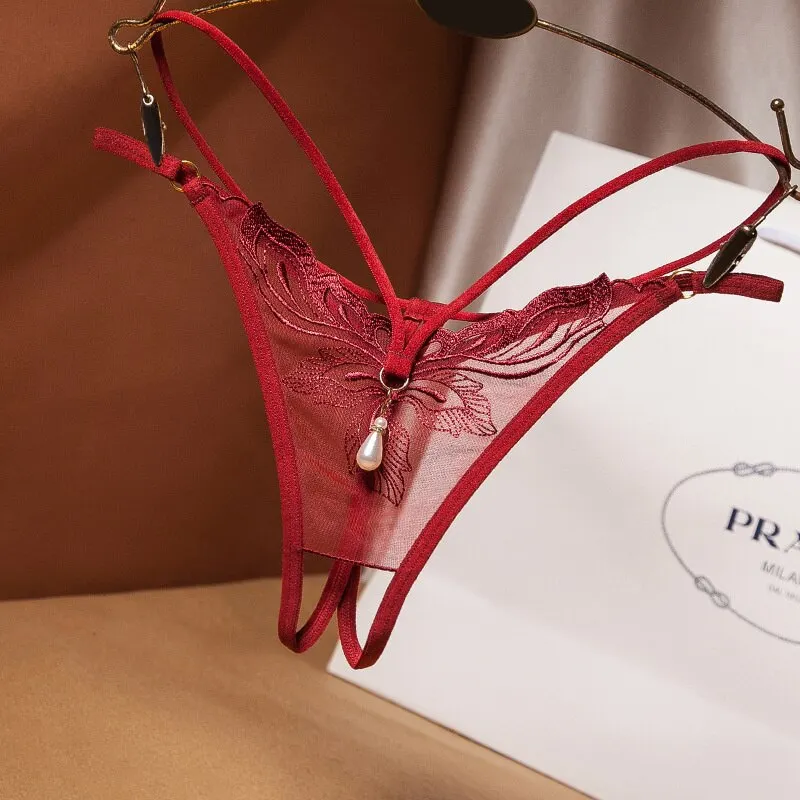 Billionm Erotic Underwear Open Crotch Panties Temptation Embroidery Thong Female Transparent Seamless Underpants Sexy Pearl Panties