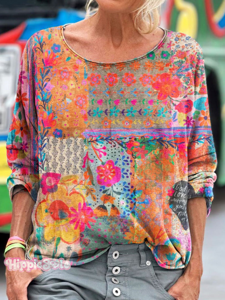 Women&rsquo;s Vintage Retro Floral Art Print Casual Long Sleeve T-Shirt Multicolor / S