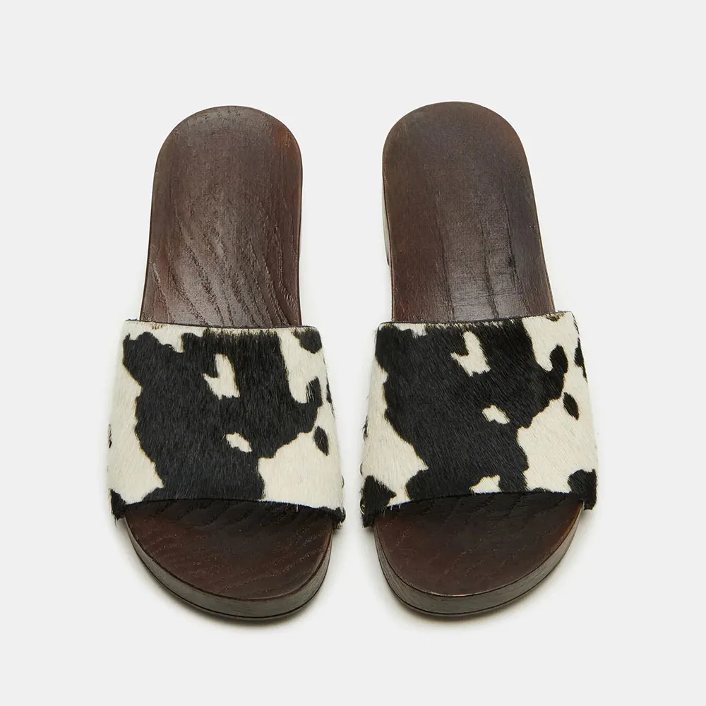 Black & White Faux Leather Round Toe Studded Clog Slides for Women