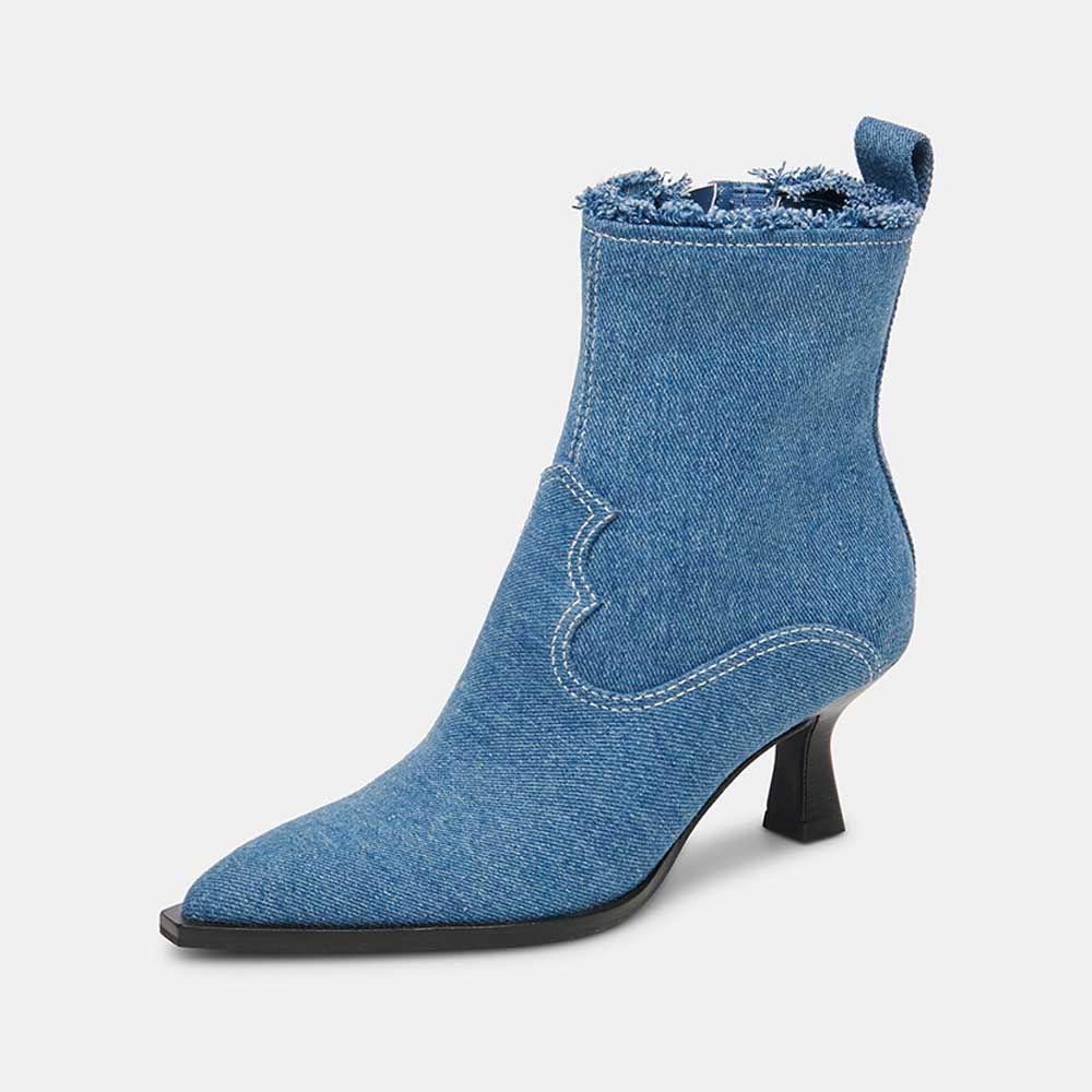 Blue Denim Pointed Toe Raw Edges Western Ankle Boots with Spool Heel Nicepairs