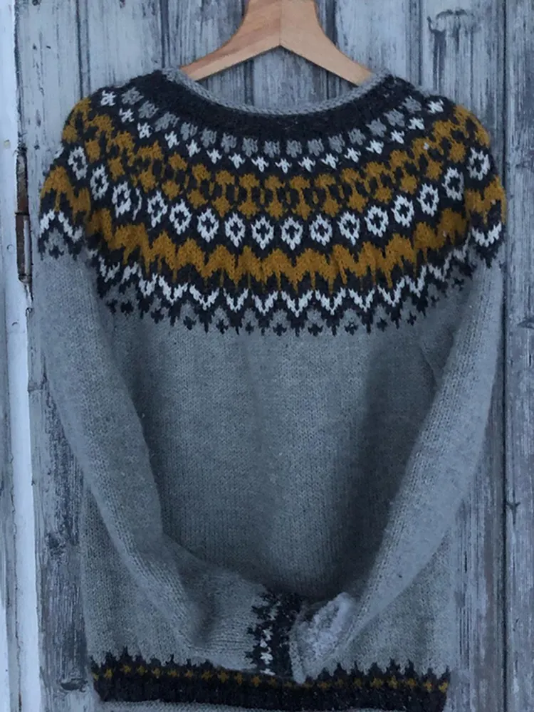 Vintage Warmth Villapaidan Knit Jacquard Icelandic Crew Neck Sweater（Unisex ）