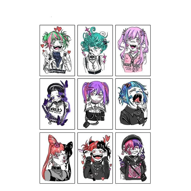9pc/Set Dark Cartoon Girl Temporary Tattoo Stickers Female Waterproof Cool Sexy Body Art Fake Tattoo Flower Arm Tattoo Stickers