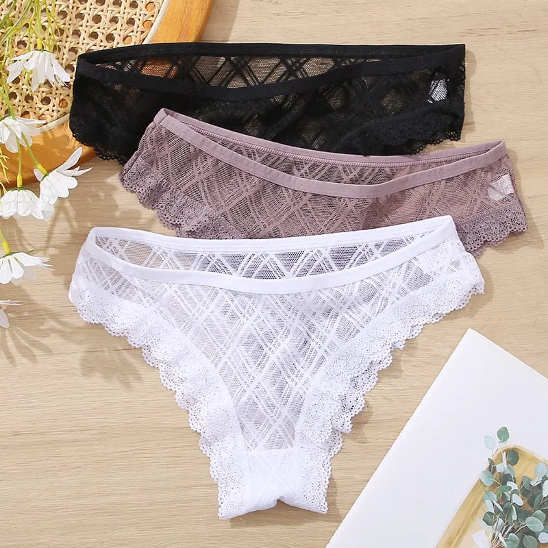FINETOO M-2XL Sexy Lace Panties Women 3Pcs/set Low Waist Lattice Underwear Ladies Transparent Panty Female Underpants Lingerie