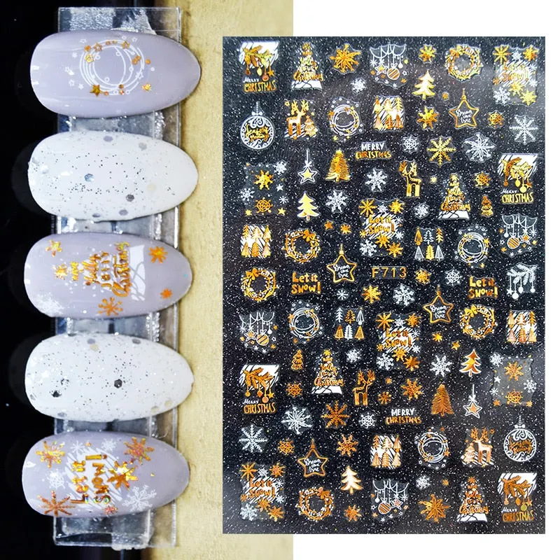 Sliver Bronzing 3D Christmas Nail Art Decoration Sticker Sparkly White Colorful Glitter Geometry Snowflake Winter Slider Foil