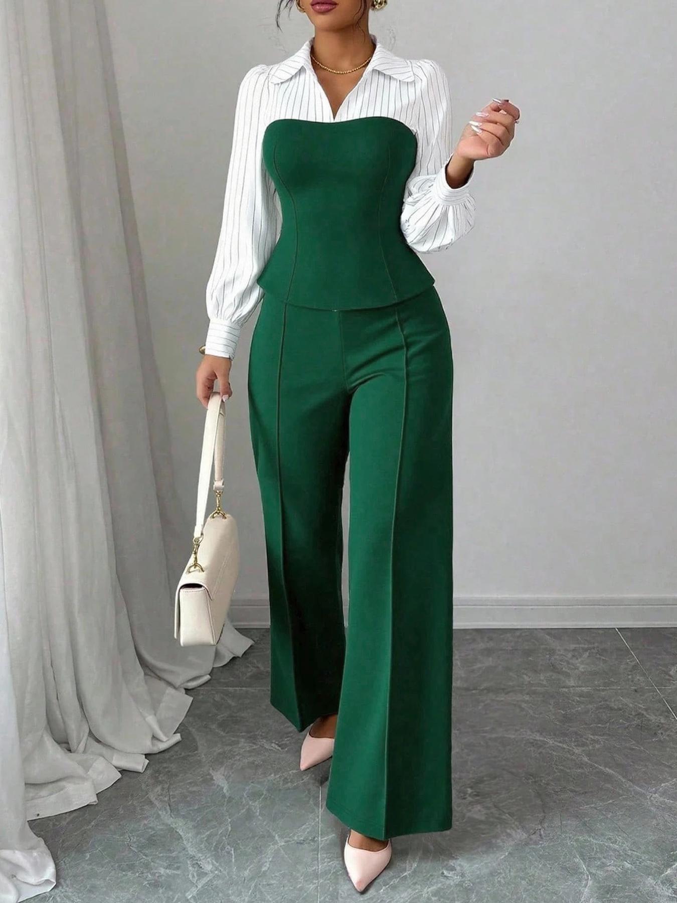 Women's Long Sleeve Colorblock Patchwork Shirt Set, Slimming Waist Design, Straight Leg Pants, Casual Fashion, Chic, Style, 2 Piece Set, Womenswear