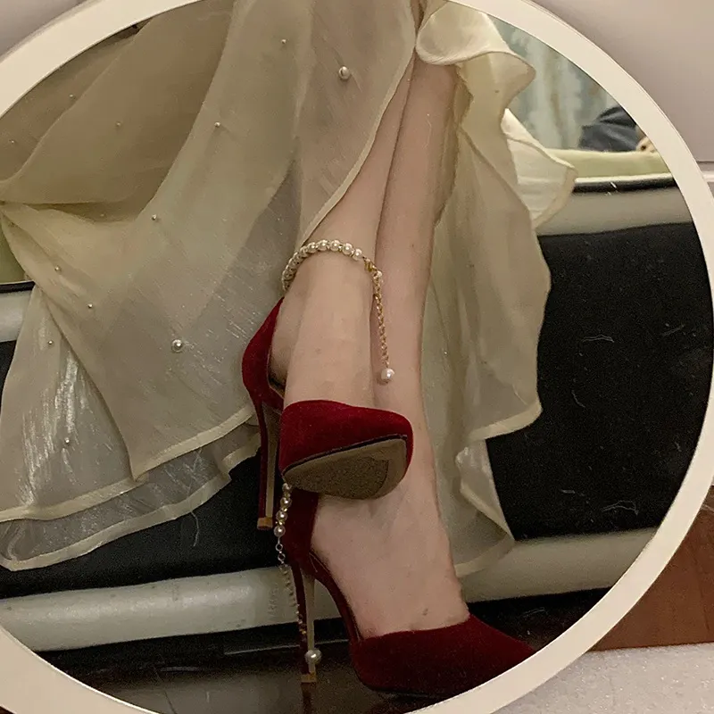Churchf Churchf Pointed Suede Pearl Heels Women's Cubar Mitzvah Sandals Bride Xiu Wine Red Wedding Shoes