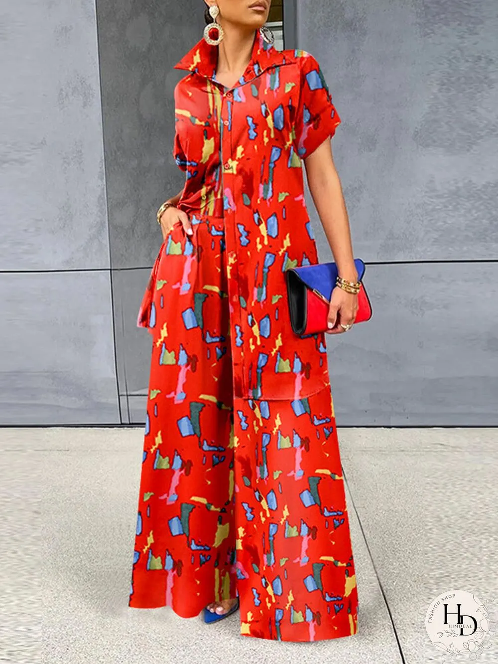 Brush Print Lapel Pocket Short Sleeve Wide Leg Two Pieces Suit