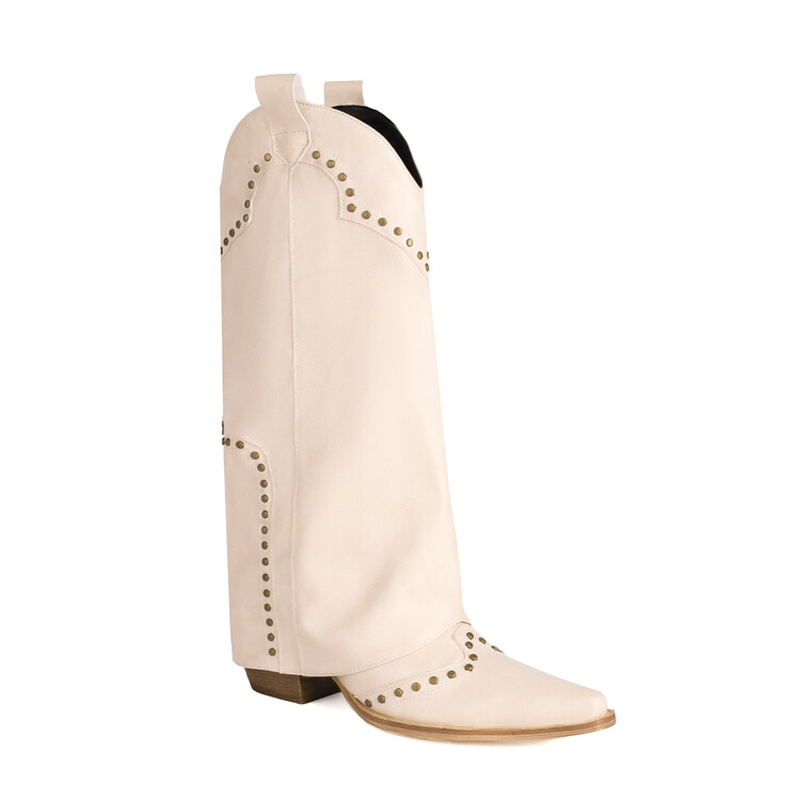 GOOSHOE Women Metal Rivets Knight Boots Cowboy Knee High Long Booties Chunky Heels