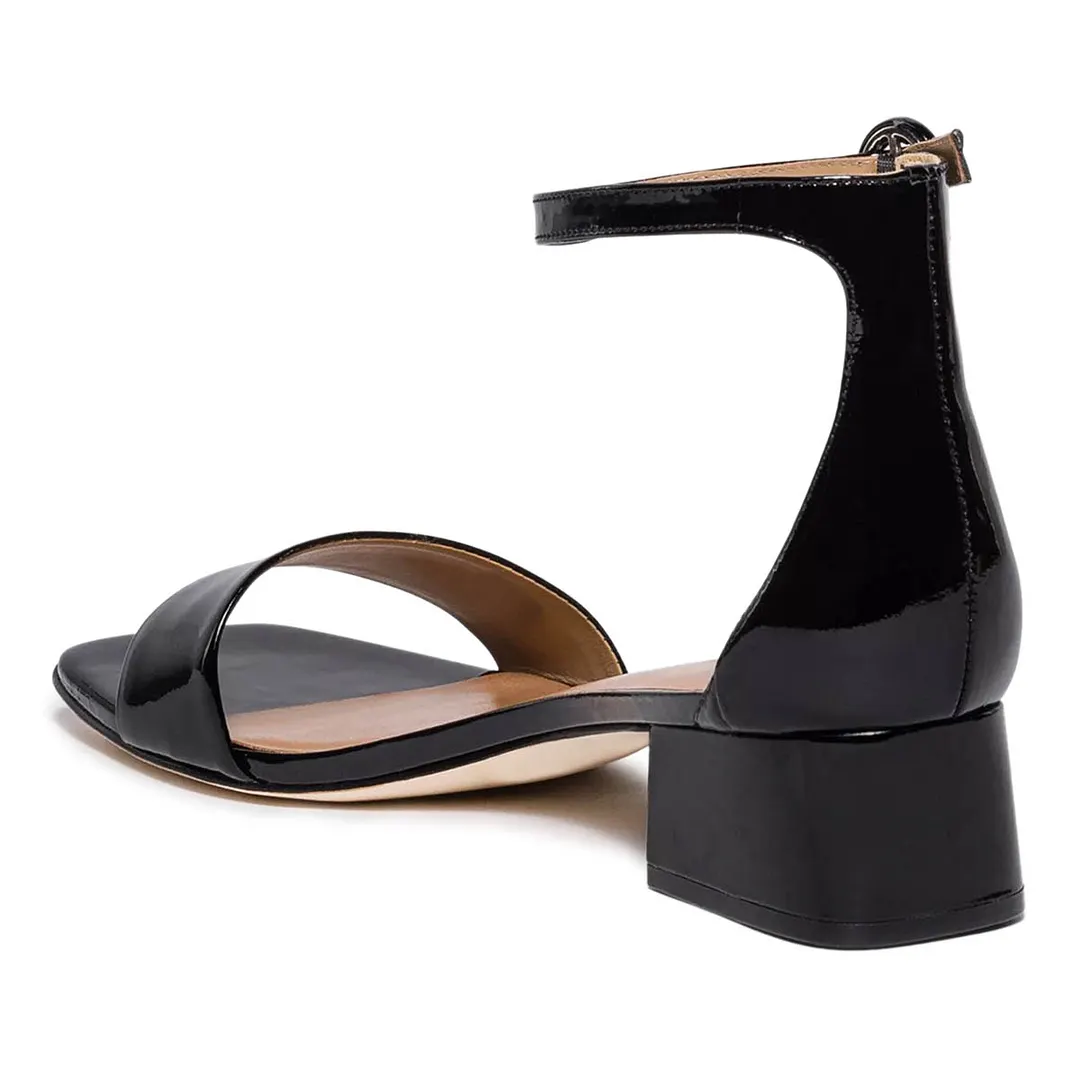 YDN Ankle Strap Open Square Toe Block Heeled Sandals in Black