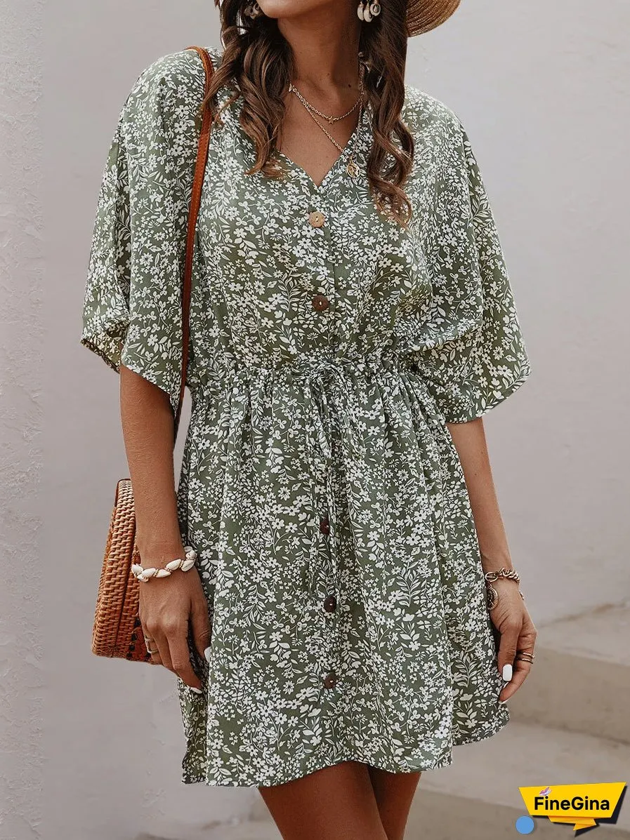 V-Neck Single-Breasted Button Printed Pattern Floral Mini Dress