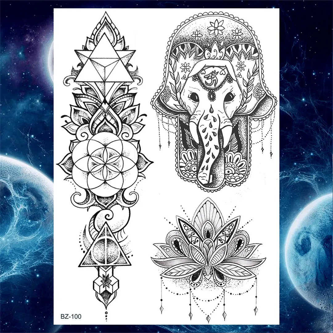 Sexy Black Henna Temporary Tattoos For Women Girls Lotus Flower Lace Tattoo Sticker Fake Jewelry Mandala Body Chest Tatoos Paper