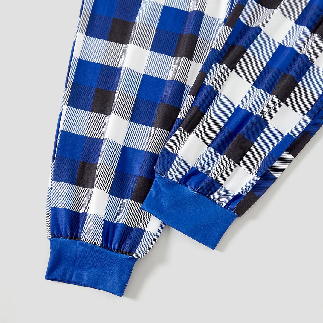"Merry Whatever" Slogan and Cartoon Pattern Printed Blue and White Plaid Family Matching Pajamas