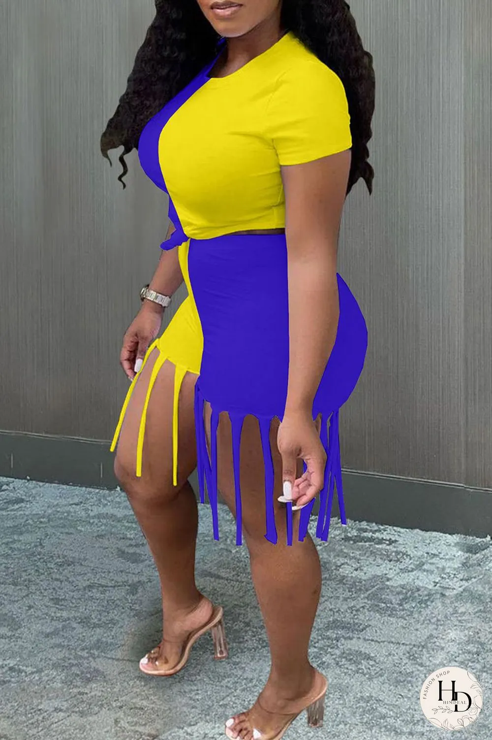 Yellow Blue Fashion Casual Patchwork Tassel O Neck Short Sleeve Two Pieces