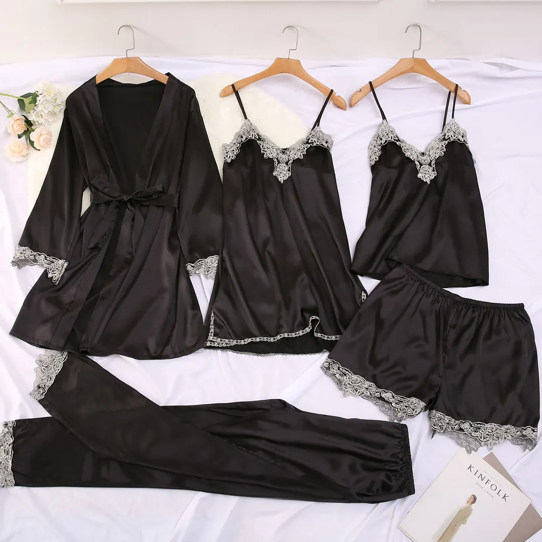 Churchf Simulation Silk Pajamas Sex Lingerie Five-Piece Set Suspension Sexy Lady Home Clothes Pajamas