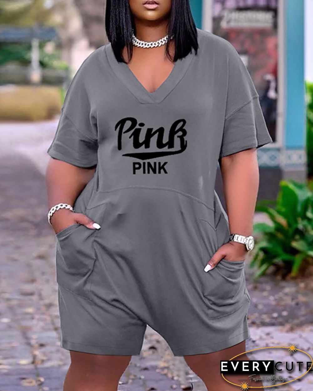 Pocket Design Letter Print Short Sleeve Romper