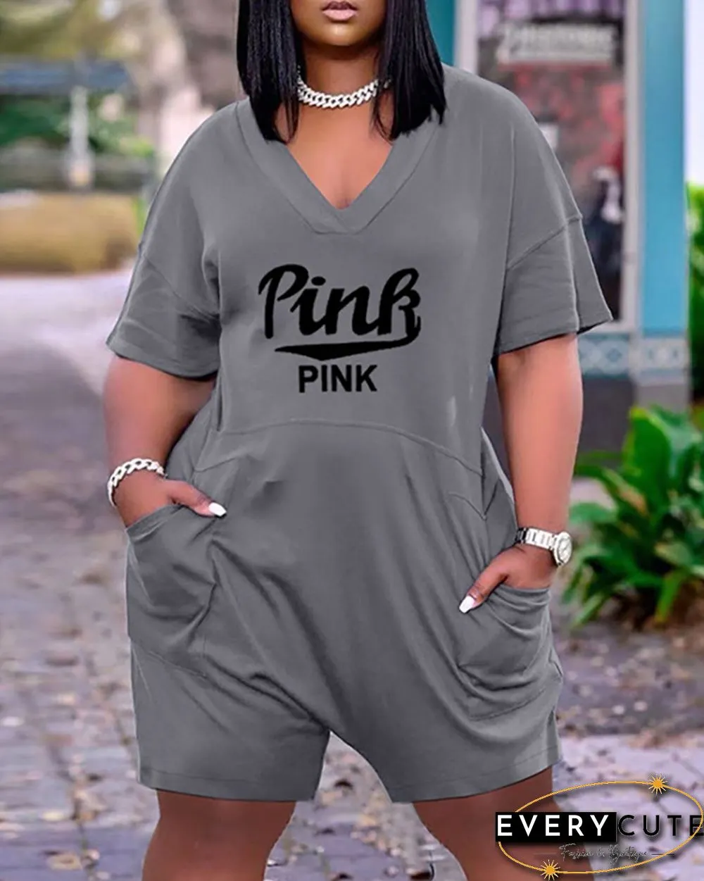 Pocket Design Letter Print Short Sleeve Romper