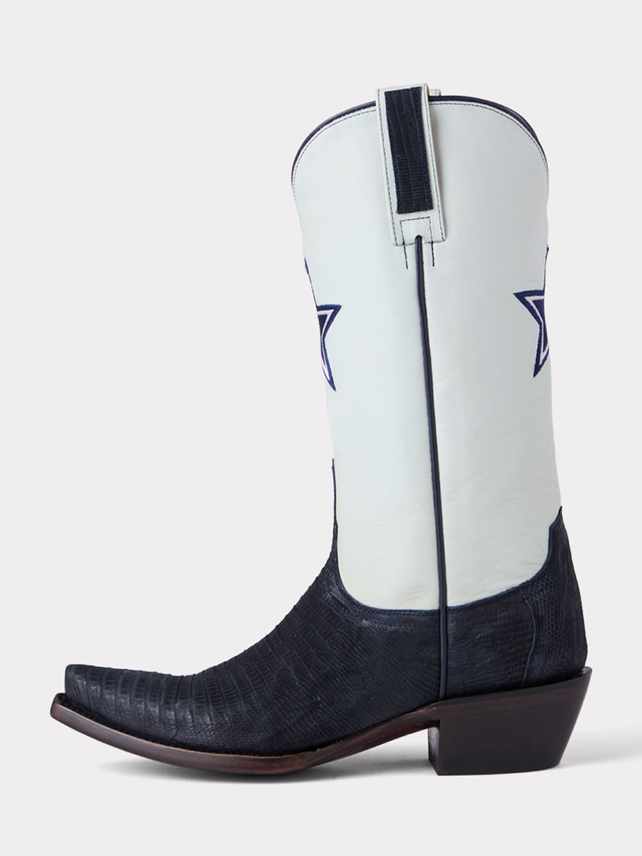 Navy Blue Lizard Embossed Snip Toe Star Mid-Calf Pull-On Cowgirl Boots