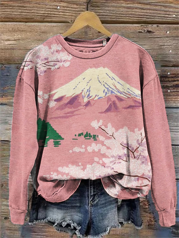 Cherry Blossom Mount Fuji Pink Landscape Japanese Art Sweatshirt elevenforest