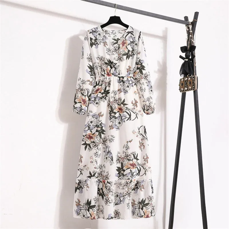 Floral Print Long Dress Women Lantern Long Sleeve High Waist Elegant Party Dress Ladies Casual Spring Summer Beach Maxi Dress