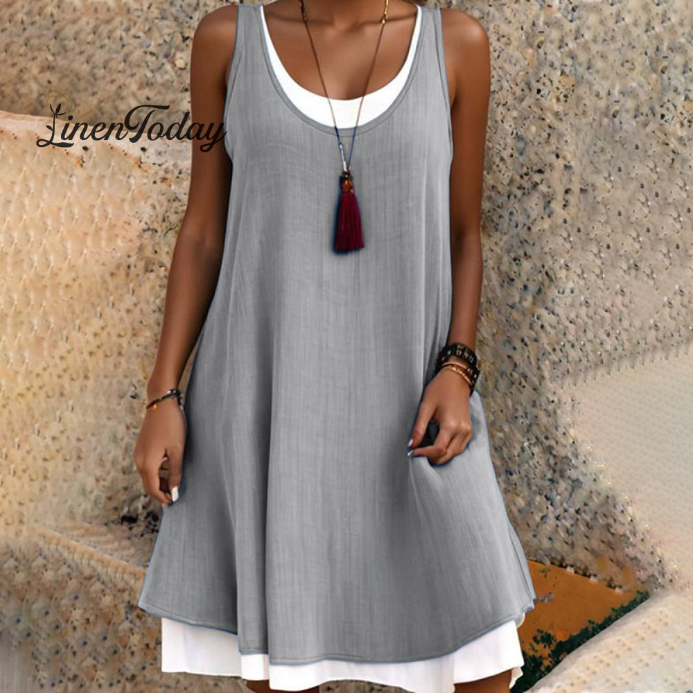 Casual Sleeveless Fake Two Piece Midi Dress Gray / S