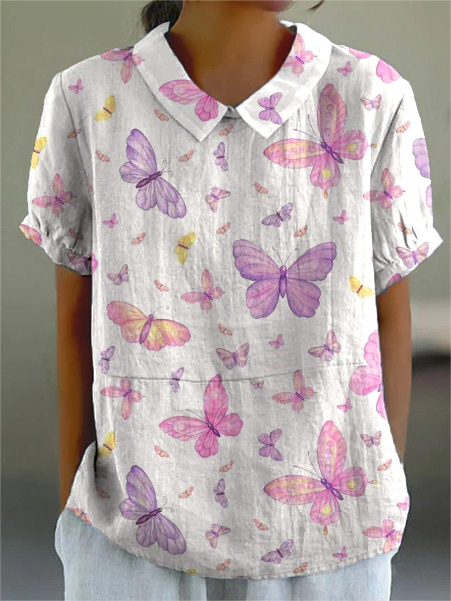Dreamy Butterfly Repeat Pattern Printed Women's Casual Cotton And Linen Shirt