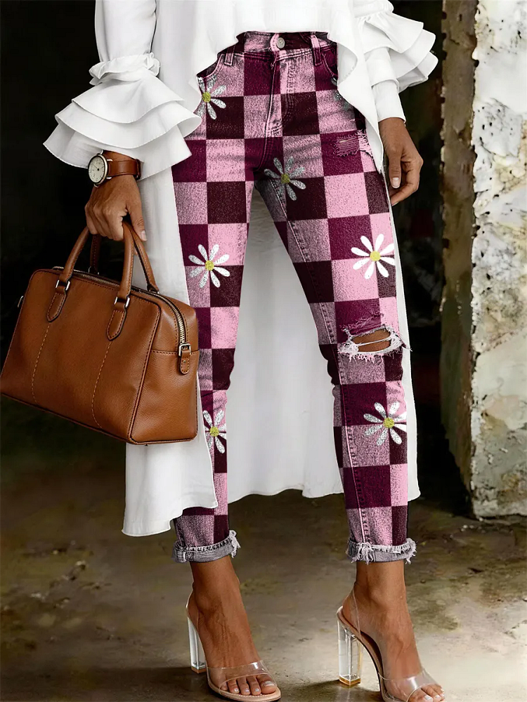 Women's Fashion Casual Chessboard Flowers Art Print Ripped Skinny Jeans