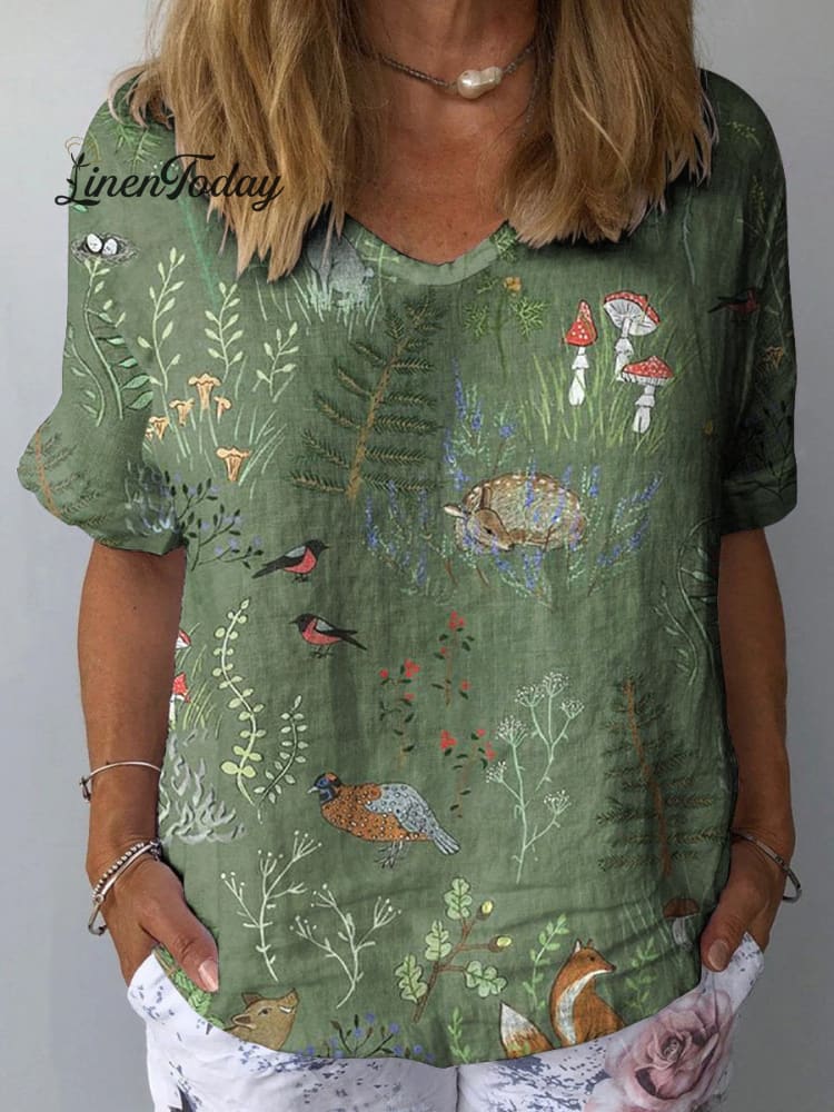 Woodland And Animals Pattern Printed Women&rsquo;s Casual Cotton Linen Shirt Green / S