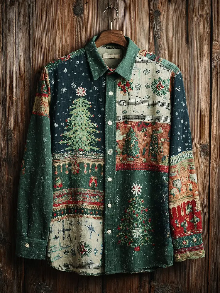 Men's Retro Casual Christmas Tree Musical Notes Long Sleeve Shirt 