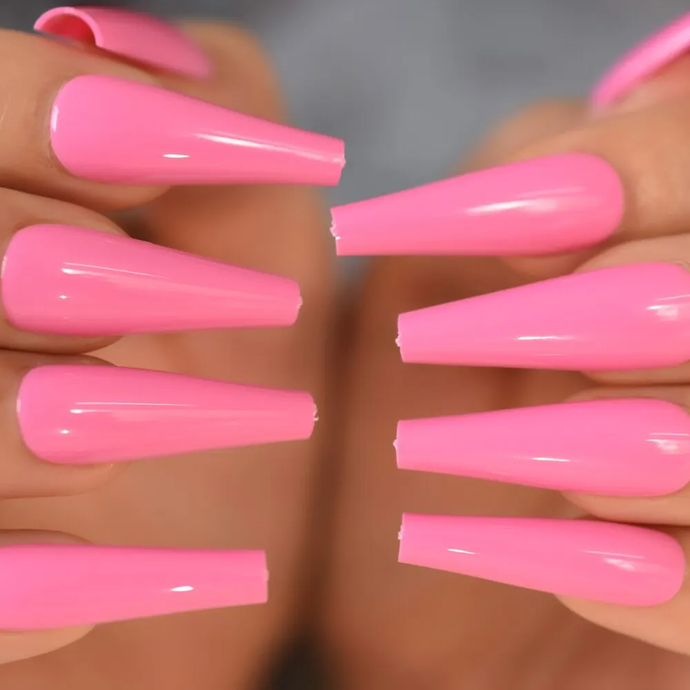 Super Long Acrylic Nails Coffin Pink Press-ons Rose Flowers Fake Nails Ballerina Gel False Nails Tips French Manicure-Nail Inspo
