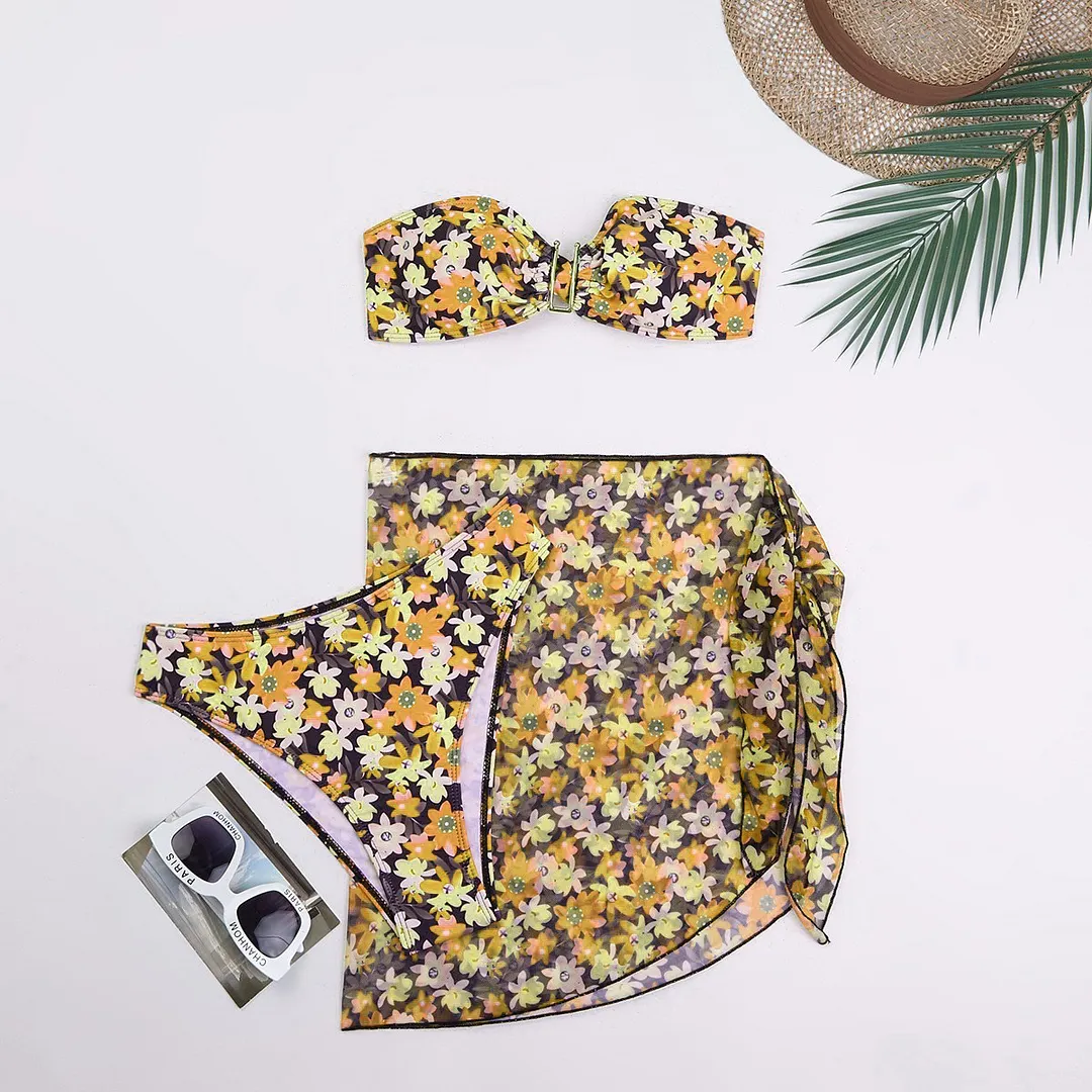 Churchf 2025 Swimsuit Women Divided Metal U-Shaped Bikini Bikini Three-Piece Printed Swimsuit