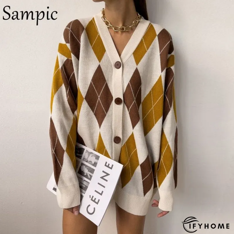 Christmas Gift Sampic Loose Patchwork Knitwear Winter Women Cardigans Tops Oversized Long Sleeve Y2K V Neck Sweater Casual Fashion Tops | IFYHOME