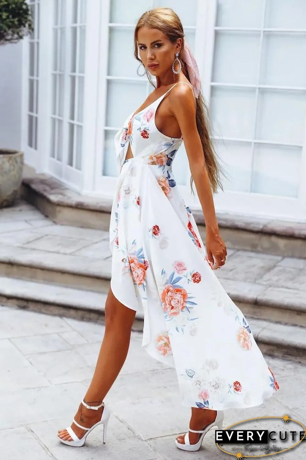 Pink Sleeveless Flowers Printed Irregular Hem Dress