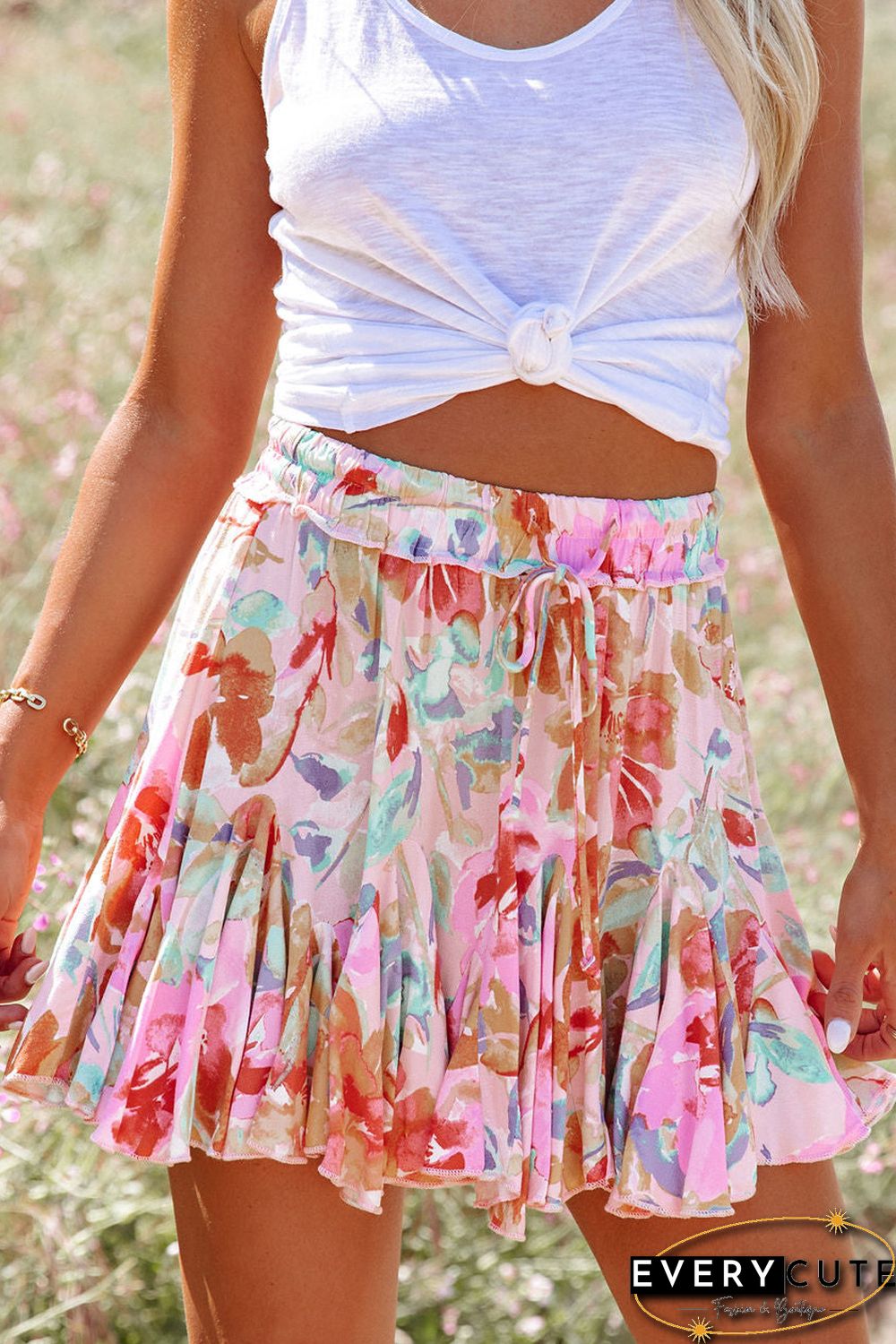 Multicolor Abstract Floral Print Ruffled Mini Skirt