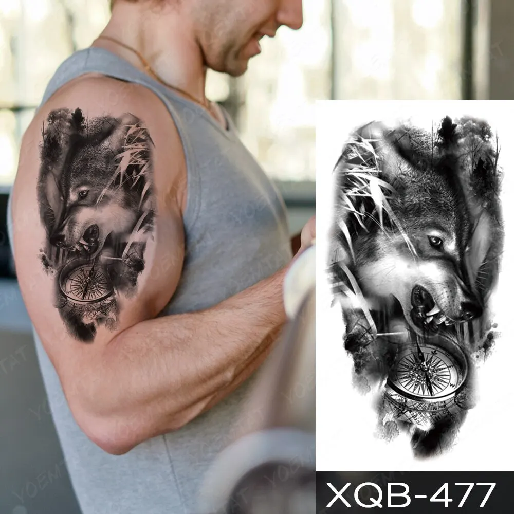 Sdrawing Temporary Tattoo Stickers Fox Lion Tiger Wolf Peony Rose Flowers Leaf Flash Tatto Women Men Body Art Arm Fake Tattoos