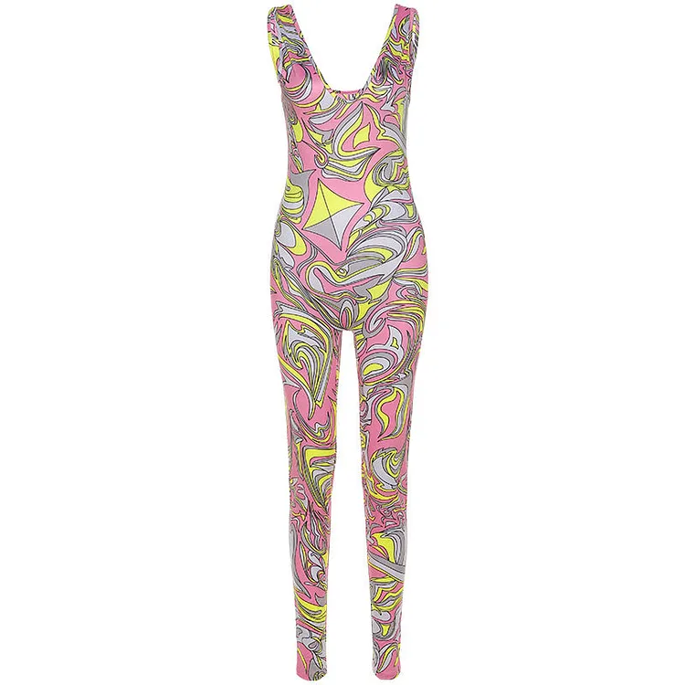 Summer women's fashion printed high waist tight sleeveless low cut sports jumpsuit