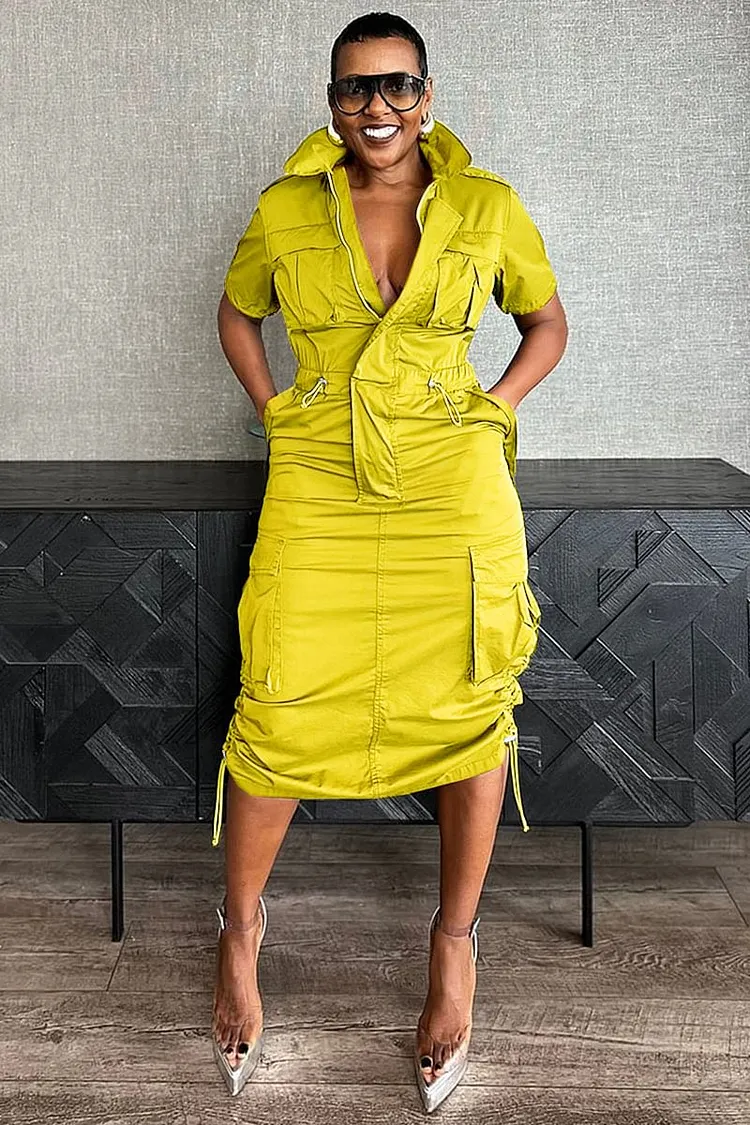 Stand Collar Zipper Drawstring Waist Pocket Midi Dresses-Green