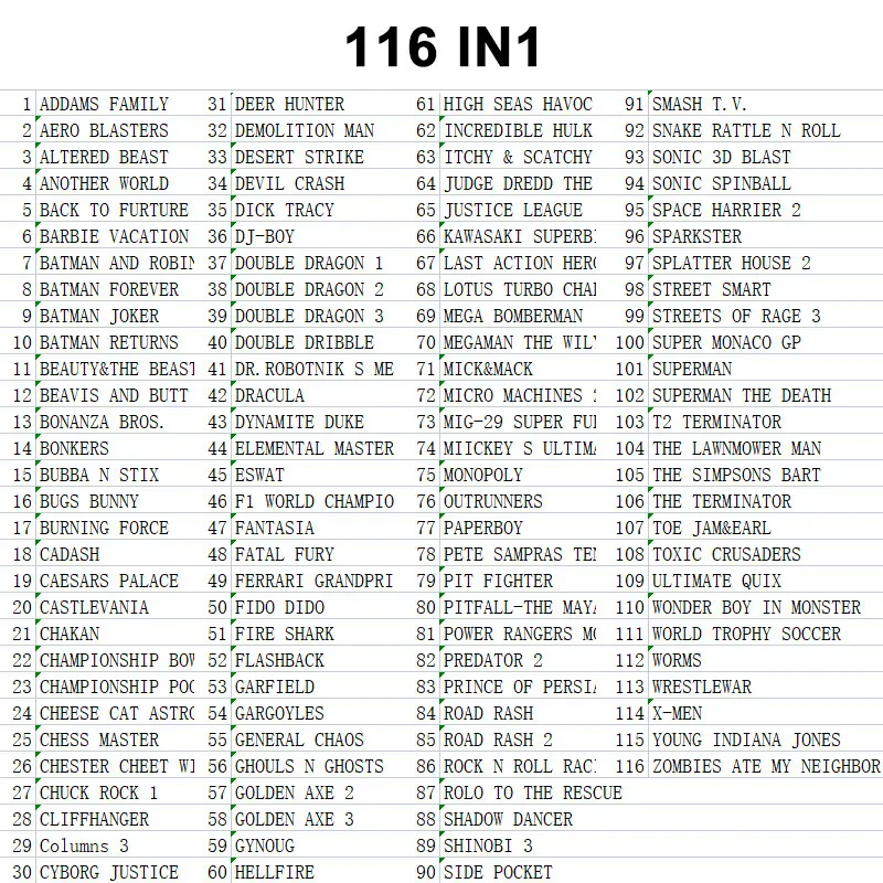 16 Bit Game Cartridge - 116 IN 1 Classic Collection Genesis/MEGA DRIVE Remix Mulit Cart - Region Free