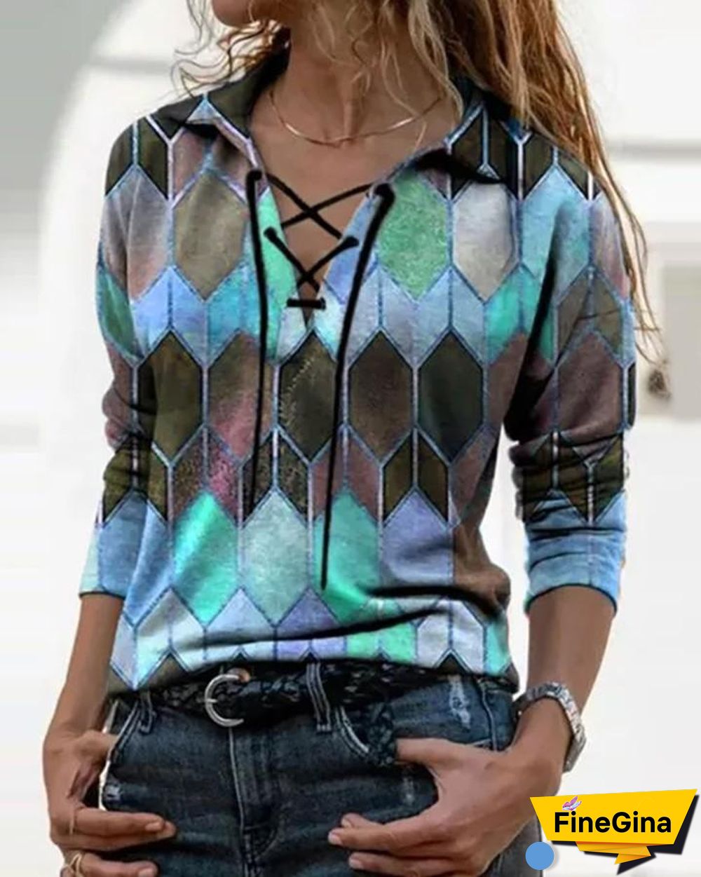 Geo Print Colorblock Lace Up T-shirt P12095