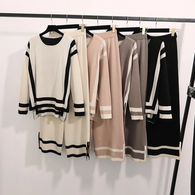 Uveng Uveng Fashion Simple Splicing Loose Long-Sleeved Top High Waist Thin Leg Pants Knitted Two-Set