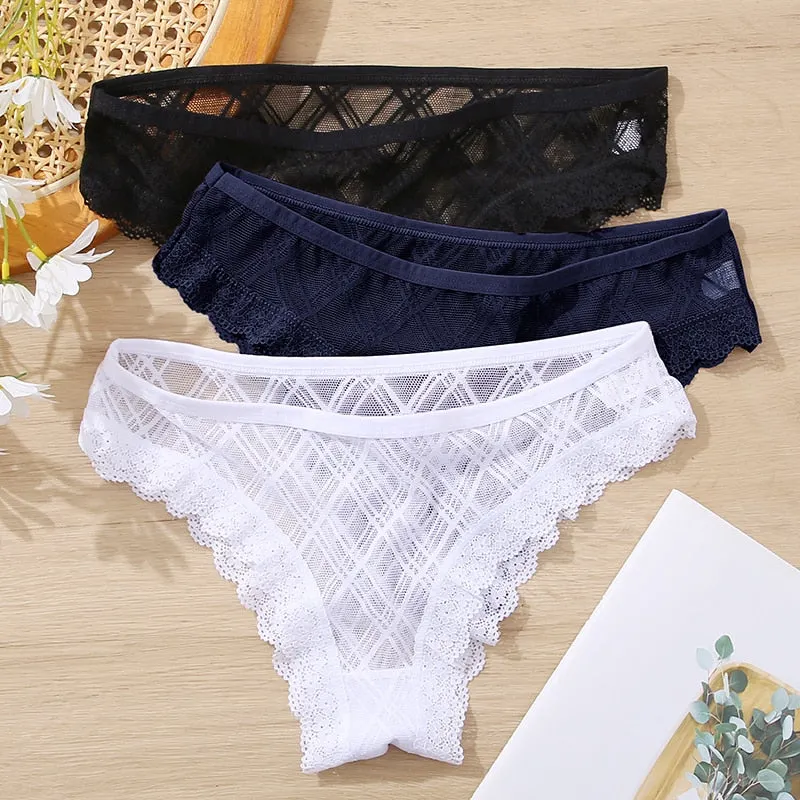 FINETOO M-2XL Sexy Lace Panties Women 3Pcs/set Low Waist Lattice Underwear Ladies Transparent Panty Female Underpants Lingerie