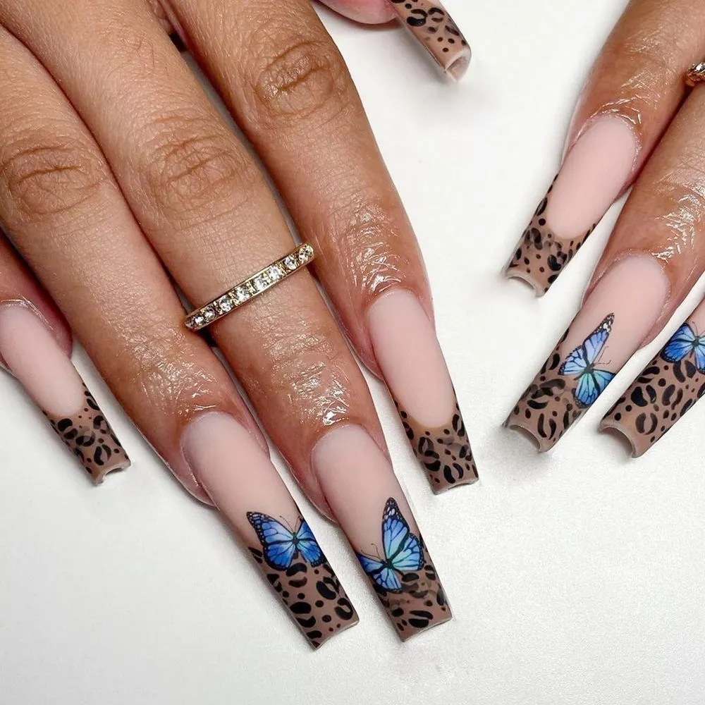 24pcs Extra Long Matte Fake Nails Ballerina Coffin Dark Blue Colorful Rhinestone Decals False Nails with designs Nail Art-Nail Inspo