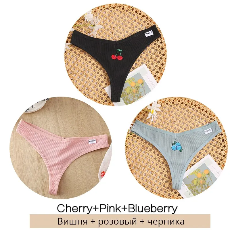 FINETOO 3Pcs/set Cotton Thongs Women Fruit Embroidery G-string Panties M-XL Low Waist T-back Underpants Ladies Underwear Panty