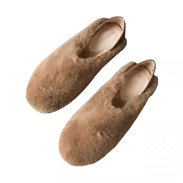Plus Size Warm Fur Loafers Women Winter Shoes Indoor Furry Flats Round Toe Fluffy Moccasins Female House Home Ballerinas Brand