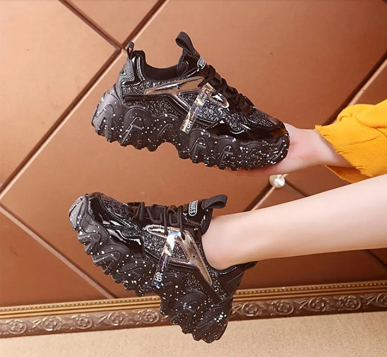 Fashion Women Shoes Dad Chunky Sneakers Women Luxury Comfortable Glossy Thick Sole Ladies Platform Wave Bottom Trainers Female
