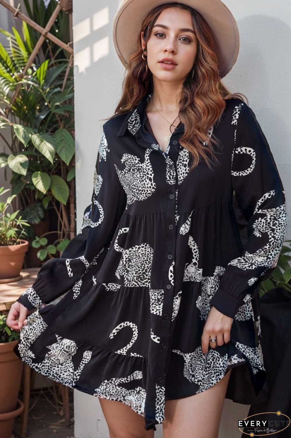 leopard print collared button up shirt dress with ruffled sleeves