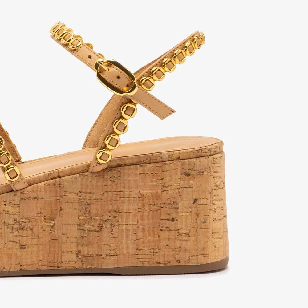 YDN Tan Open Round Toe Gold Accent Ankle Strap Wedge Sandals