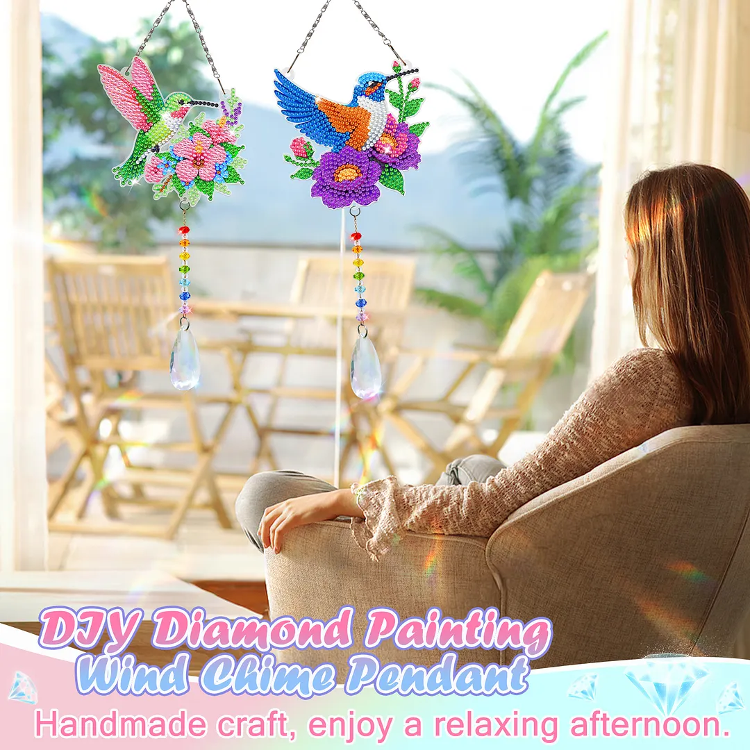 2Pcs Hummingbird Carrying Flowers DIY Double-Sided Diamond Painting Hanging Kits Diamond Painting Suncatcher Craft Kit for Home Garden Wall Decor Gift