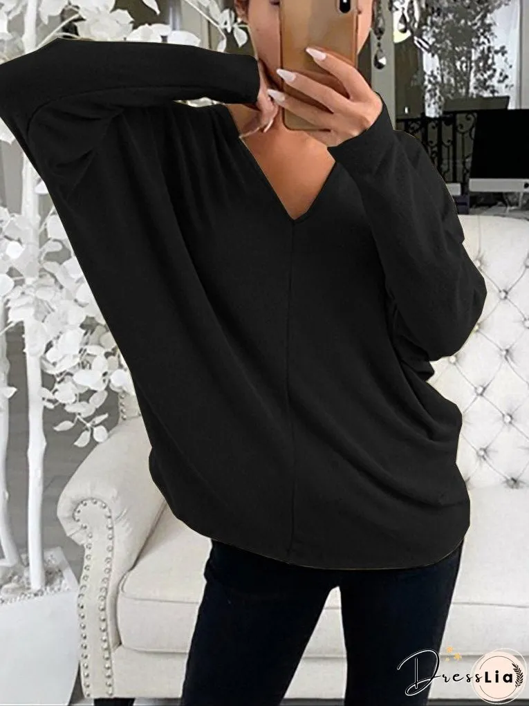 Women's T-Shirts Simple V-Neck Off-Shoulder Long Sleeve T-Shirt