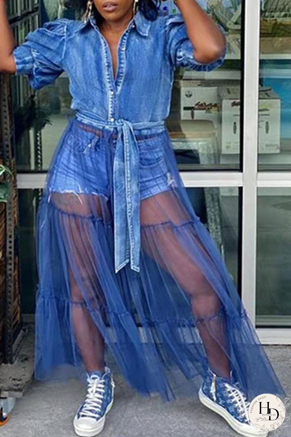 Blue Fashion Casual Plus Size Patchwork Mesh Turndown Collar Short Sleeve Dress